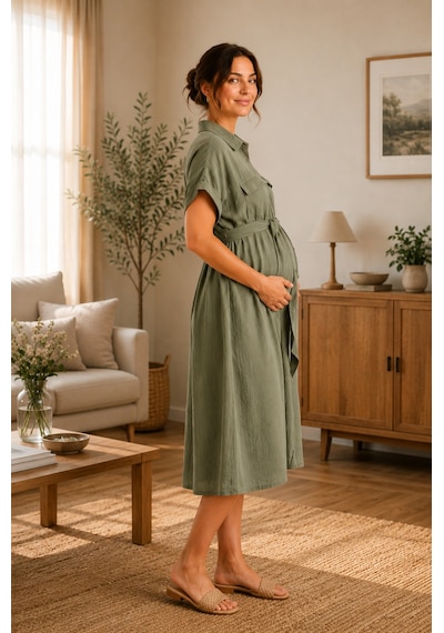 Luvmabelly Myra5860 Doğal Yumuşacık Müslin Kumaş - Yazlık Gömlek Hamile Elbise - Yeşil