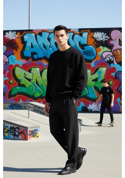 Benerly Erkek Bisiklet Yaka Standart Kol Waffle Kalıp Sweatshirt Fonksiyo siyah