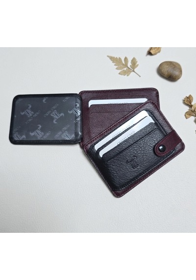Passtell %100 Hakiki Deri Trend Model Minimalist Unisex Kredi Kartlık Ve Cüzdan Ebatlar 11,5 Cm /8,5 Cm Siyah - Bordo