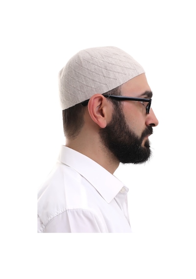 Krem Kışlık Çapraz Desenli Dokuma Takke