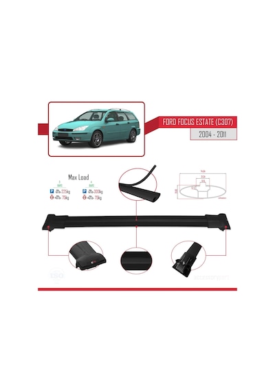 Ford Focus Estate C307 2004-2011 Arası İle Uyumlu Fly Model Ara Atkı Tavan Barı Siyah 3 Adet Bar