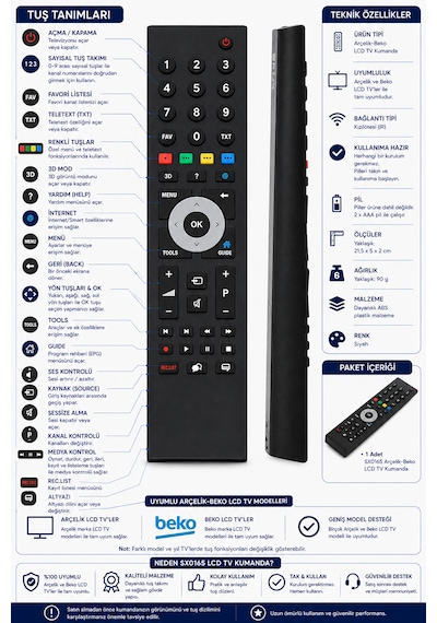 Arçelik Beko Sx0165 Lcd Led Tv Kumandası