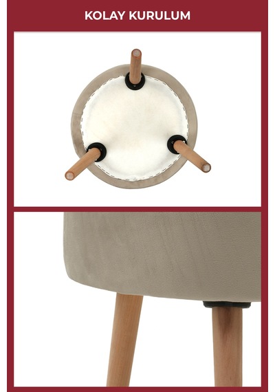 Modern Ahşap Ayaklı Dekoratif Puf, Tabure 6096 Krem