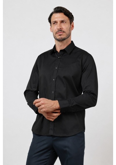İmza Sert Yaka Uzun Kol Cepsiz Saten Slim Fit %100 Pamuk Gömlek 1004260424 Siyah