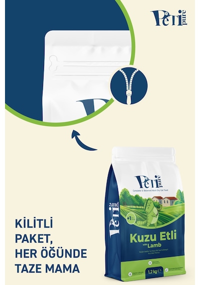 Petipure Kuzu Etli Kuru Yetişkin Kedi Maması 1,2 Kg - Besleyici Vitamin İlaveli Tam Ve Dengeli Mama