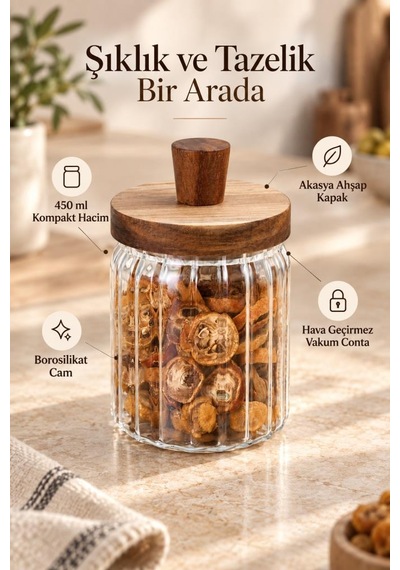 Çizgili Borosilikat Cam Erzak Kavanozu 450 Ml - Masif Akasya Vakum Kapaklı Baharat Ve Kahve Saklama Kabı
