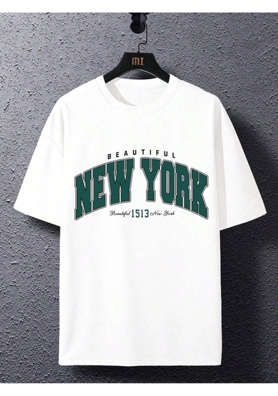 New York 1513 T-shirt - Beyaz Baskılı Oversize Bisiklet Yaka Kısa Kol Tişört Beyaz