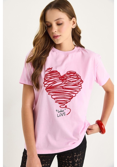 Shade Kadın Pamuklu Kısa Kollu Bisiklet Yaka Kalp Nakışlı T-shirt 60602028 - Pembe