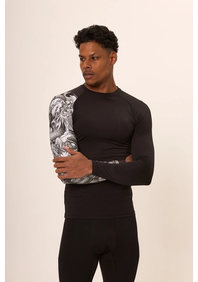 Hnc Sport Dragon Erkek Uzun Kol Tek Kol Dijital Baskılı Compression Fitness Gym Spor Body Tshirt Siyah