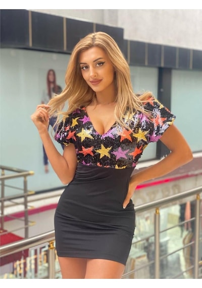 Pink Life Etek Kısmı Dalgıç Üst Kısmı Yıldız Payet Mini Elbise