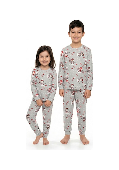 Zuzunga Unisex Yılbaşı Temalı Cute Kardan Adam Desenli Çocuk Pijama Takımı Gri