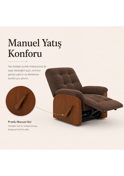 Smarto Relax Ticino Manuel Mekanizmalı Ayak Uzatmalı Ahşap Yan Panelli Polyester Tv Koltuğu Baba Koltuğu Kahverengi