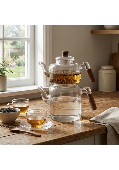 Akasya Cam Çaydanlık Takımı 1800 Ml + 950 Ml - Ahşap Kulplu Isıya Dayanıklı Borosilikat Şeffaf Çaydanlık çok renkli