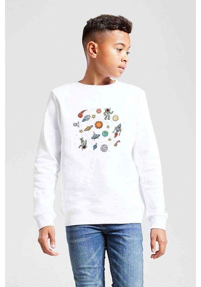 Tshirthane Uzay Astronomi Çocuk Baskılı Unisex Çocuk Beyaz Sweatshirt Beyaz