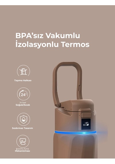 Waterh Boost Akıllı Termos Hidrasyon Takibi Yapan, Yalıtımlı 0,95l / 32oz Akıllı Şişe Kahverengi
