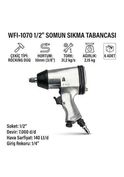 Uno Wfı-1070 1/2" Havalı Somun Sıkma Tabancası - 7000 D/d Yüksek Devirli Bijon Sıkma Sökme