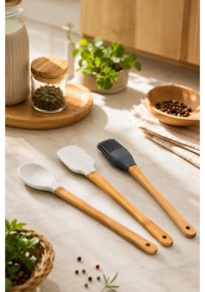 Porsima Mien Mini Silikon Kaşık Fırça Spatula Servis Seti 3'lü