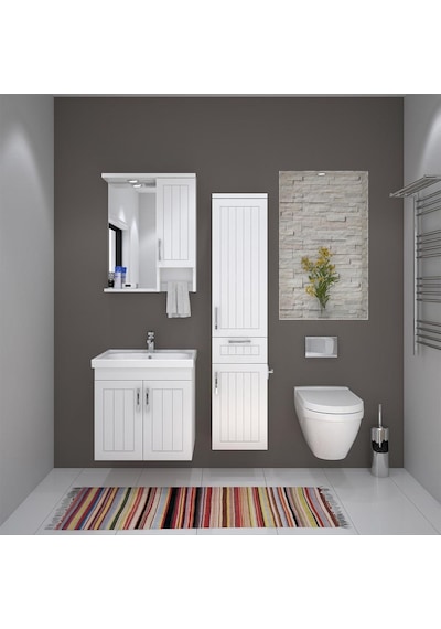 Denko Lotus 60 Cm Mdf Lake Banyo Dolabı Takımı + Boy Dolabı Beyaz