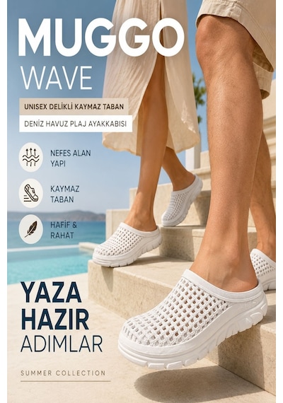 Muggo Wave Unısex Delikli Kaymaz Taban Deniz Havuz Plaj Ayakkabısı Beyaz