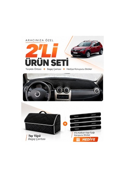 Dacıa Sandero 2010-2015 Uyumlu Torpido Örtüsü + Tay Tüyü Bagaj Çantası + Sticker Seti - Siyah Gri