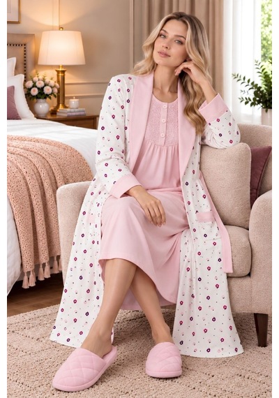 Mecit Pijama Mecit 6414 Pembe Kadın Büyük Beden Uzun Sabahlıklı Gecelik Takım