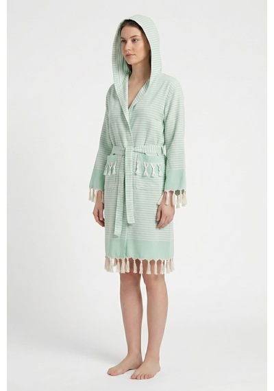 Kapşonlu Unisex Peştemal Plaj Bornozu %100 Pamuklu Seaside Stripe Yeşil