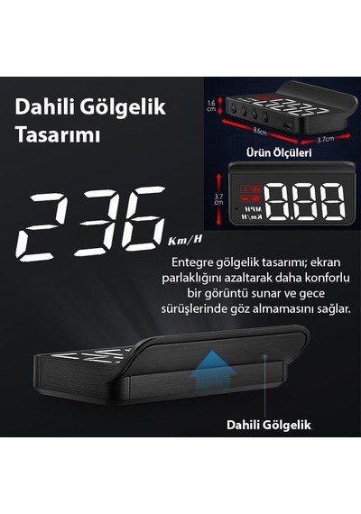 Ally M3 Hud Obd2 Head-up Display Dijital Hız Göstergesi E-obd Ve Gps Destekli Obd Arayüzlü - Alarmlı Ön Cam Ekran