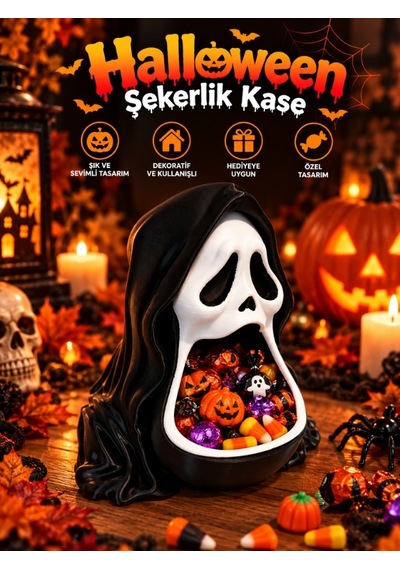 Halloween Cadılar Bayramı Dekoratif Kapüşonlu Korku Maskesi Şekerlik Kase Masa Üstü Dekor