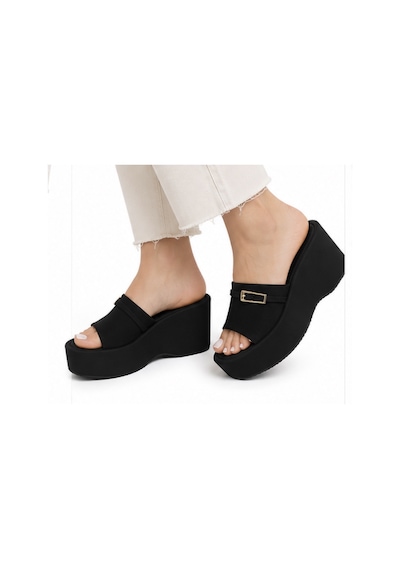 N Napa Shoe Np.9555.siyah Saten Napa Shoe Kadın Dolgu Topuk Platform Terlik Siyah Günlük Şıklık Ve Konfor