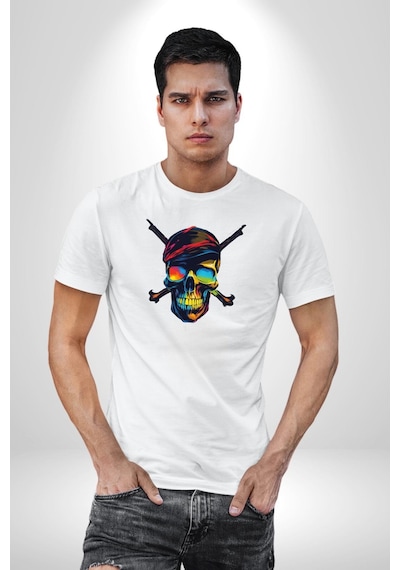 Korsan Kurukafa Unisex Unisex Beyaz Organik Baskılı T-shirt Penye Yüksek Kalite Beyaz