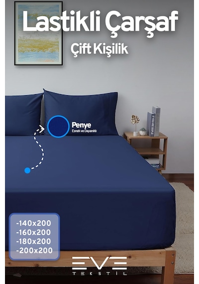 Eve Tekstil Fitted Yüksek Kaliteli Penye Kumaş Çift Kişilik Lastikli Çarşaf Lacivert