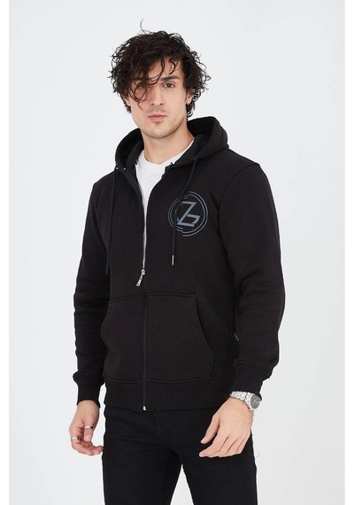 Erkek 3 İplik Pamuklu Fermuarlı Kapüşonlu Kanguru Cepli Baskılı Hoodie Hırka Sweatshirt - Siyah