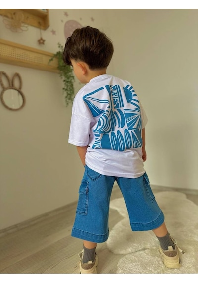 Miniko Kids Erkek Çocuk Kot Cep Kapri Modelli Pamuk Şortlu Takım Beyaz