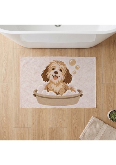 Kartela Halı Köpek Desenli Banyo Paspası Gül Kurusu Kaymaz Taban Makinede Yıkanabilir 50x75 Cm