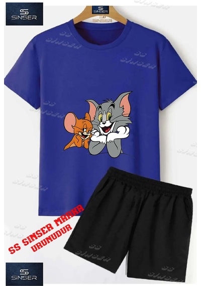 Ss Sinser Çocuk Unısex Tom Ve Jerry Eller Cenede Özel Baskılı Bisiklet Yaka Tişört - Şort Alt - Üst Çocuk Takım Renk:mavı/sıyah