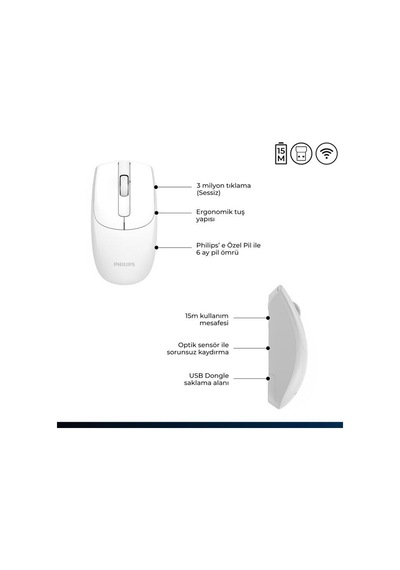 Philips Uyumlu  Spk7398w Kablosuz 1600dpı Sessiz Optik Mouse Beyaz Diğer