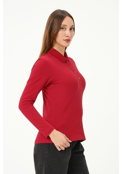 Msw Kadın Uzun Kollu Regular Fit Polo Yaka T-shirt Kırmızı
