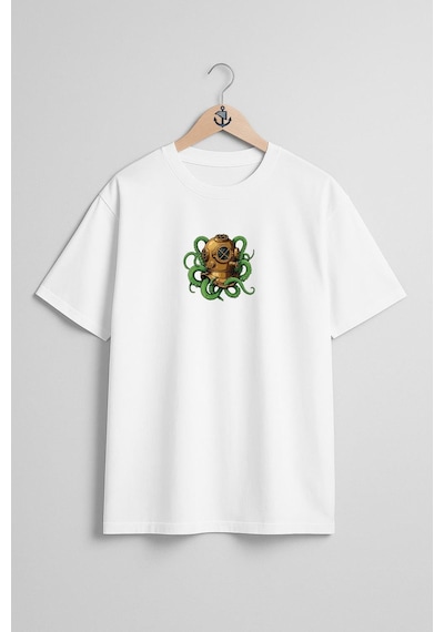 Bahriyeli Collection Oversize Octopus Dalgıç Diver Helmet Göğüs Tasarımlı Unisex T-shirt Beyaz