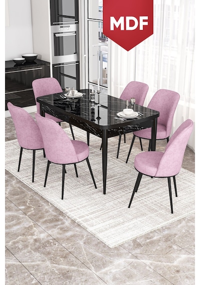 Canisa Kor Serisi MDF 70x114 Açılabilir Mutfak Masası Takımı Siyah Mermer Desen Masa 6 Pembe Sandalye Masa Siyah Mermer Desen Sandalye Pembe Canisa Kor Serisi MDF 70x114 Açılabilir Mutfak Masası Takımı Siyah Mermer Desen Masa 6 Pembe Sandalye Masa Siyah Mermer Desen Sandalye Pembe