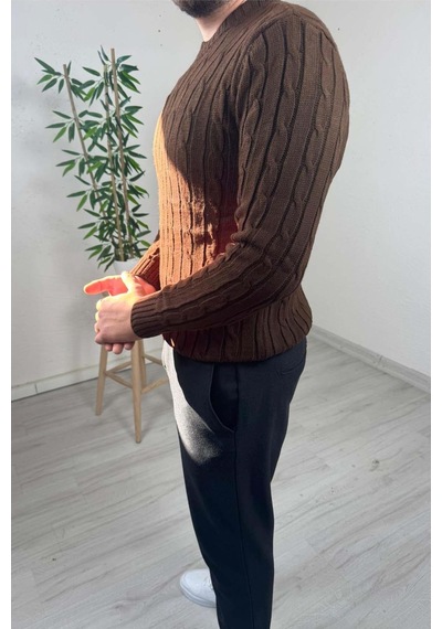 Explode - Erkek Kahve Örgülü Slim Fit Bisiklet Yaka Triko Kazak Kahverengi