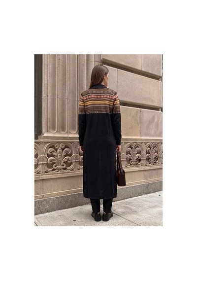 Onno Style Women Kilim Desen Uzun Triko Kadın Hırka Siyah