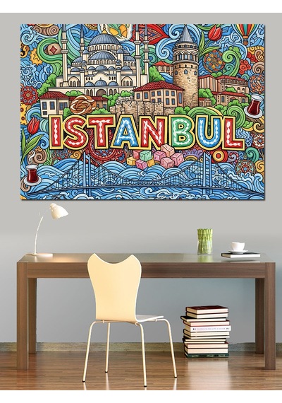 Ahşap Tablo Renkli İstanbul Yazılı Şehir Kolajı