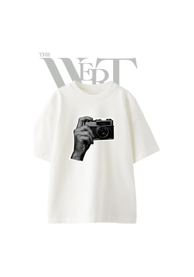 Thewert Vintage Kamera El Tasarım Baskılı Ünisex Beyaz Oversize T-shirt
