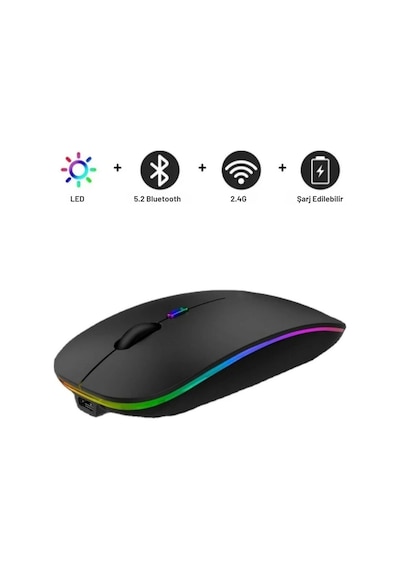 Shopytech Çift Mod Kablosuz Mouse Bluetooth 5.2 + 2.4g Şarjlı Sessiz Tıklama Rgb Işıklı 500 Mah Siy 2.4G Vertical