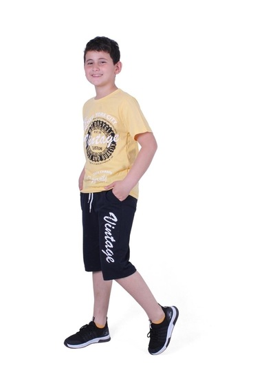 Fyk Kids Vintage Custom Yazı Baskılı Erkek Çocuk Yazlık Takım Sarı