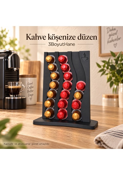 Kapsül Kahve Standı 3 Sıralı Tezgah Üstü Kapsül Tutucu Organizer Siyah