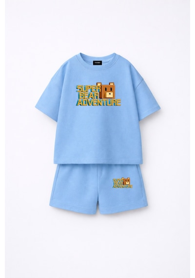 Fasardi Super Bear Adventure Süper Ayı Baskılı Oversize %100 Pamuk Tişört Şort 2li Çocuk Takım Mavi