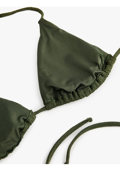 Koton Boyundan Bağlamalı Simli Üçgen Bikini Üstü Haki Çizgili 6sak10082mm