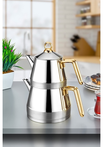 Polochef Venedik Çaydanlık 18/10 Paslanmaz Çelik Büyük Boy Gold Saplı. Gümüş