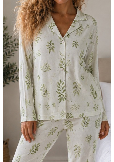 Kadın Örme Gömlek Yaka Çağla Yeşili Pijama Takımı